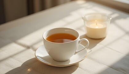 Fototapeta premium Minimal tea setup with a pale cup and warm cozy light