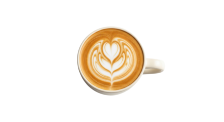 White coffee cup with latte art heart and floral pattern on black background image, Isolated On Png Transparent Background