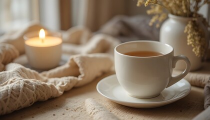 Fototapeta premium Minimal tea setup with a pale cup and warm cozy light