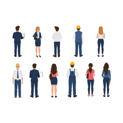 Diverse group of people in professional and casual attire standing together.