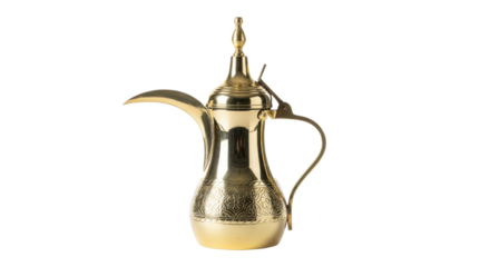 Ornate gold dallah coffee pot with intricate floral patterns on black arabic arabian, Isolated On Png Transparent Background