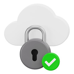 3D rendering of cloud security icon with padlock and green checkmark for data protection concept