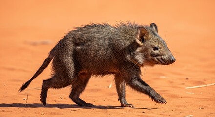 Aardvark walking across a sandy desert landscape in bright sunlight.