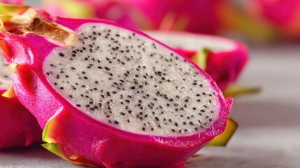 Closeup of a dragonfruit sliced open vivid pink skin and white flesh speckled with tiny black seeds highlighted while the background fades softly.