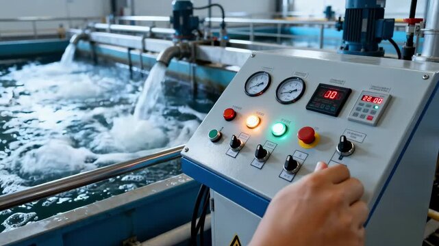 Medium shot focusing on control panel adjustments managing aeration systems to optimize biological breakdown in the wastewater process.