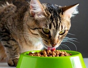 A tabby cat eating from a green bowl filled with dry cat food