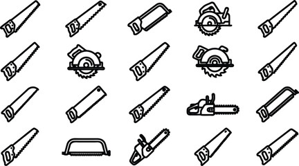 Obraz premium Collection of Various Hand Saws Surrounded by Circular and Chainsaws for Cutting Wood and Materials