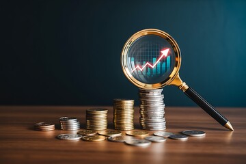 Magnifying glass examining a stack of coins with a rising financial graph, indicating analysis