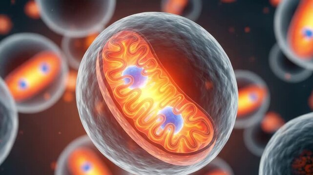 Dynamic mitochondria animation showcasing cellular energy production inside living cells for biology education and scientific research visuals