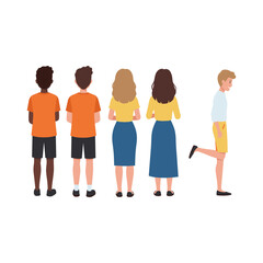 Diverse group of people standing together one person walking away.