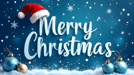 Vibrant Deep Blue Merry Christmas Background with Santa Hat