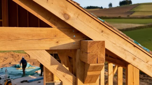 Medium shot focusing on a rustic oak timber frame house in progress highlighting handcrafted joinery and natural wood finishes in a serene rural setting.