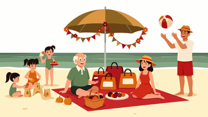 A multi-generational family enjoys a joyful summer picnic on a sunny beach, creating lasting memories together.