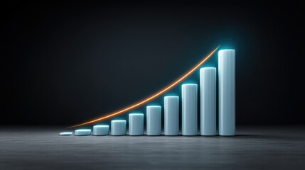 Modern 3D Bar Graph with Ascending Growth Trend on a Dark Background Representing Business Success and Financial Progress in Stock Trading or Marketing