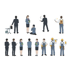 Diverse group of professionals and workers in various poses and attire.