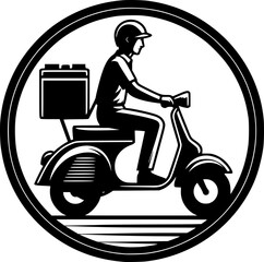 Minimalist black-white pizza courier icon with clean lines, no shading, isolated on white. Simple, modern, scalable, ideal for delivery logos or digital use.