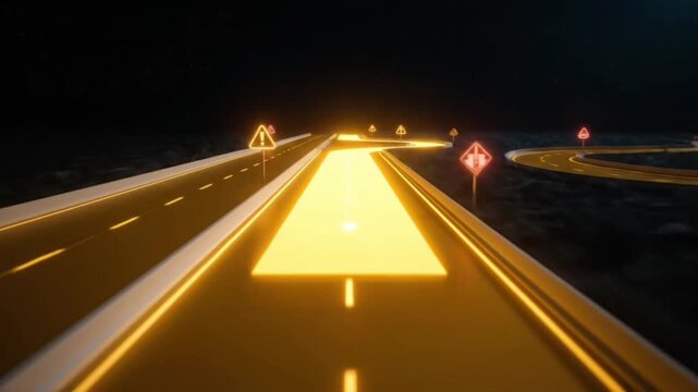 Futuristic Glowing Golden Road Fork with Neon Warning Signs at Night