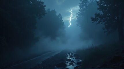 Fototapeta premium Dark Forest Scene with Lightning Strike Over Foggy River at Night