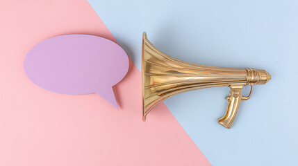 megaphone. Vintage brass megaphone with a speech bubble against a soft pastel background, evoking retro communication themes. event programs.

