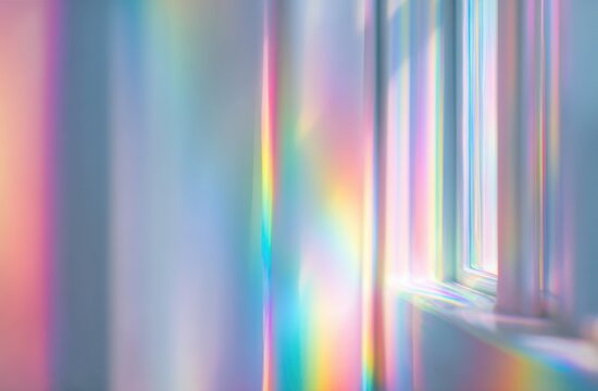 A white wall with colorful rainbow light reflections creating a viintimate apparelnt, iridescent pattern on textured surface