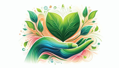 Hand cradling a vibrant green heartshaped leaf symbolizing environmental care and growth.