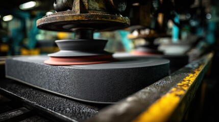 Medium shot of rubber buffing machine smoothing coarse used tire surface preparing for retreading by removing tough outer layers with industrial precision and texture focus.