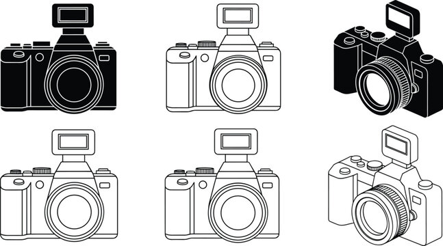 Digital SLR Camera Icon Set Photography Equipment Outline and Silhouette Vector Graphics Collection for Media, Studio, and Technology Design.
