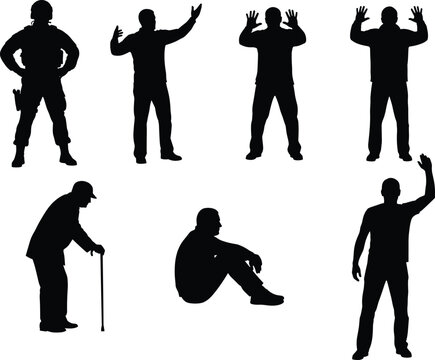 Diverse human silhouettes: police officer, older man with cane, casual male figures in various poses, illustrating people and social issues.
