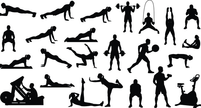 Fitness exercise silhouette collection showing gym workouts, strength training, cardio movements and bodyweight exercises isolated on white background