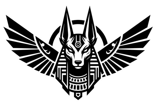 Powerful Anubis illustration, Egyptian god of afterlife for tattoo design, brand logo, or historical project with dramatic flair and strong symbolism