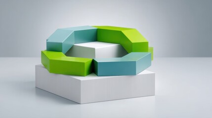 Obraz premium Geometric Abstract Sculpture in Bright Colors on White Pedestal Showcasing Modern Design and Creative Artistic Expression