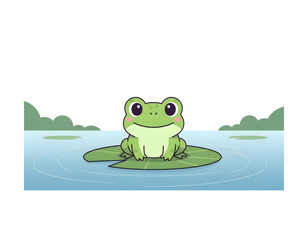 Cute cartoon frog sitting on a lily pad in the middle of a calm pond with ripple effects in the water and green foliage in the background