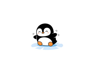 Cute cartoon penguin happily dancing on an ice floe, illustration