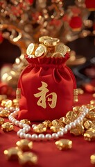 Fototapeta premium A red fortune pouch placed among scattered gold coins under warm festive lighting. The scene strongly conveys material success, generosity, and blessings.