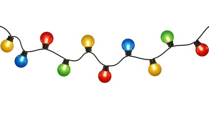 Obraz premium Realistic Colorful Christmas String Lights Isolated on White Background - Festive Holiday Decoration 3D Render