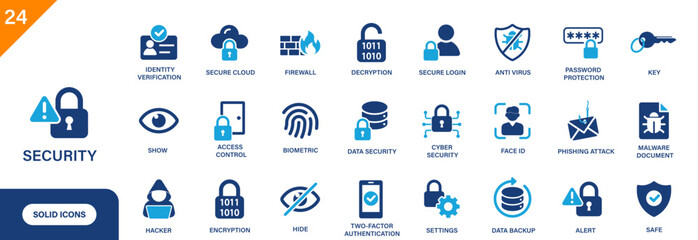 Security icon. Includes firewall, antivirus, biometric, access control,  malware document. Solid vector icon set.