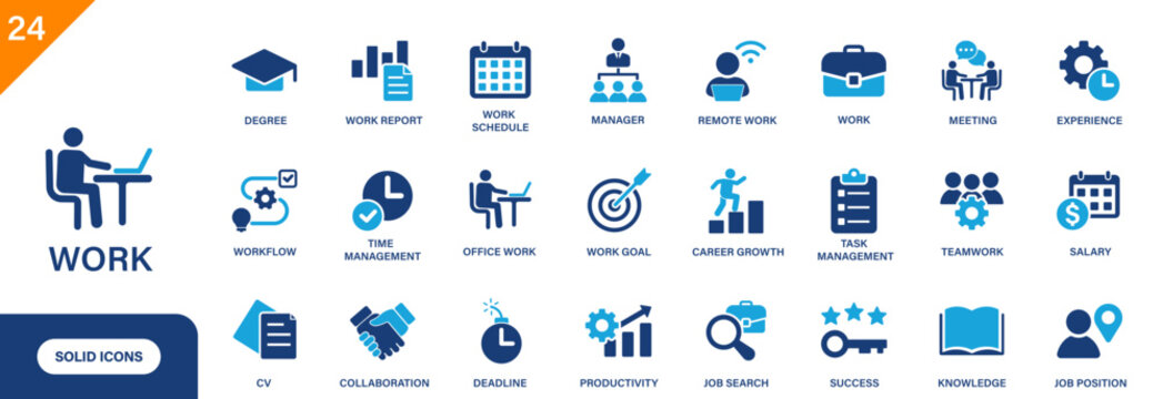 Work icon. Includes salary, career growth, job search, work schedule, and work report. Solid vector icon set.