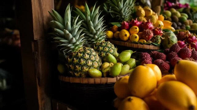 Abundance of Tropical Fruits Displayed in Baskets with Varying Colors and Textures in natural lighting