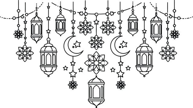 ramadan hanging lantern crescent moon islamic line icon set .