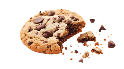 Deliciously tempting chocolate chip cookie with a bite taken out and crumbs scattered against a