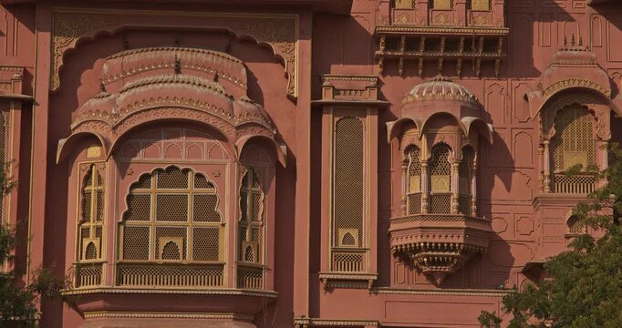 Jaipur, Rajasthan, India. Patrika Gate At Jawahar Circle, Close-up View. Old Pink City. Travel To India. Traditional Rajasthani Style Of Architecture. Pillar And Column Depict Scenes From Various