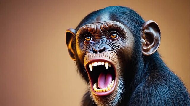 Roaring Chimpanzee Close-Up Portrait with Open Mouth and Sharp Teeth