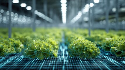 Closeup on AIenhanced robotic grader analyzing crop quality with precise digital sensors highlighting main vegetable clearly contrasted against outoffocus factory background.