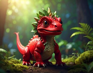 Adorable red dragon with spiky crown in a lush forest scene