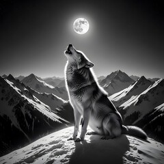 White fur husky dog portrait with blue eyes howling at the moon on a snowy winter mountain