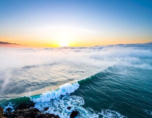 Aerial view captures ocean waves crashing near a misty sunset