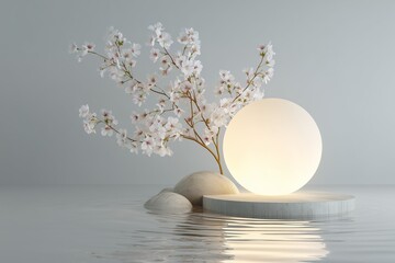 桜と発光する球体のミニマルモダンの空間