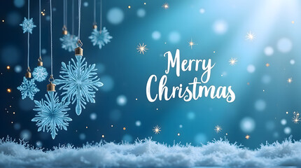 "Magical Merry Christmas Background with Hanging Crystal Snowflakes and Bokeh"