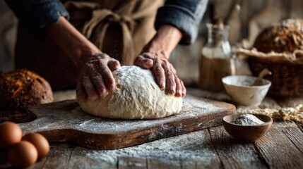 Fototapeta premium Closeup of hands gently shaping sourdough dough on a wooden board with blurred background highlighting rustic baking ingredients.