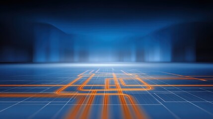 Futuristic Abstract Background with Glowing Orange Lines on Dark Blue Surface Ideal for Technology, Digital, and Sci-Fi Themes in Various Applications